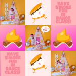Collage of s'mores graphics and cute dancer posing in front of a paster A-frame backdrop