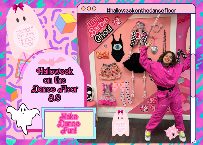 Hip Hop dance teacher posing in front of a very pink Barbie-inspired Halloween background.