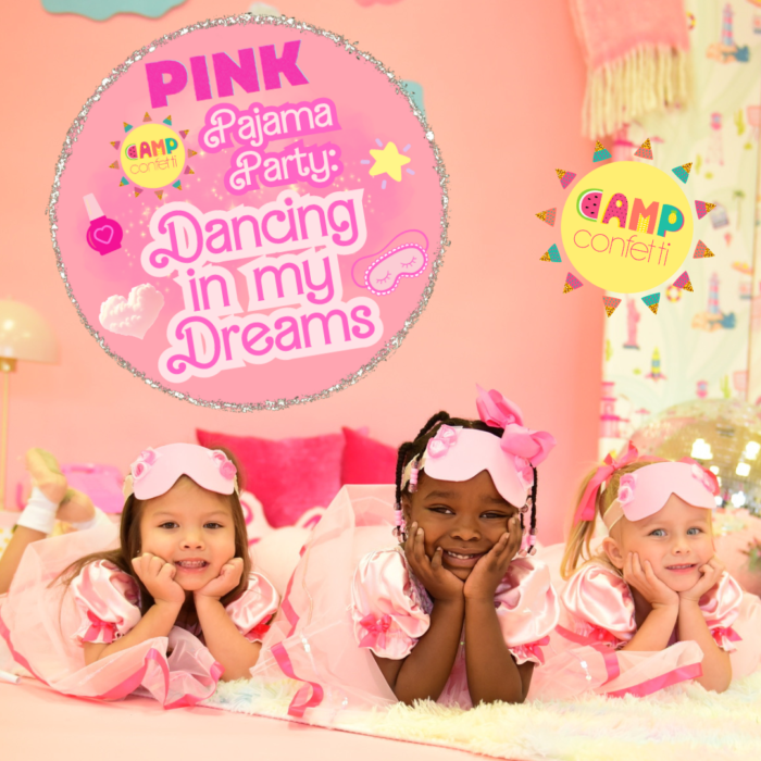 Three preschool dancers dressed for a dancing sleepover posing on a fluffy white rug with their hands on their chins wearing sleeping masks on their forehead. 