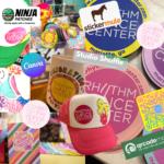 Collage of custom patches, stickers, trucker hats and various logos to reflect helpful resources we use at our dance studio.